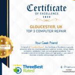 Certificate of excellence 2025 awarded to Your Geek Friend computer repair Gloucester Number 1 in the Top 3 computer repair