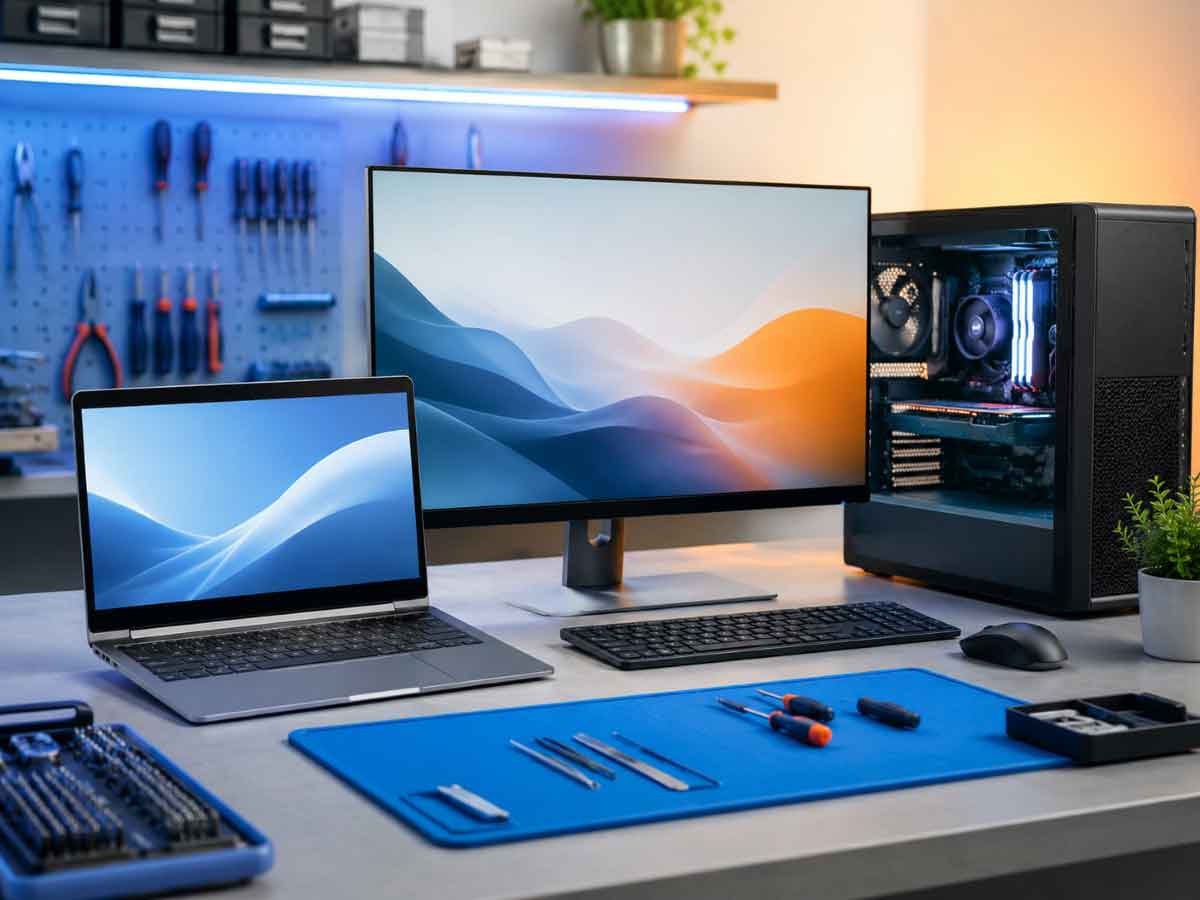 Professional computer service and laptop tune-up workbench in Gloucester