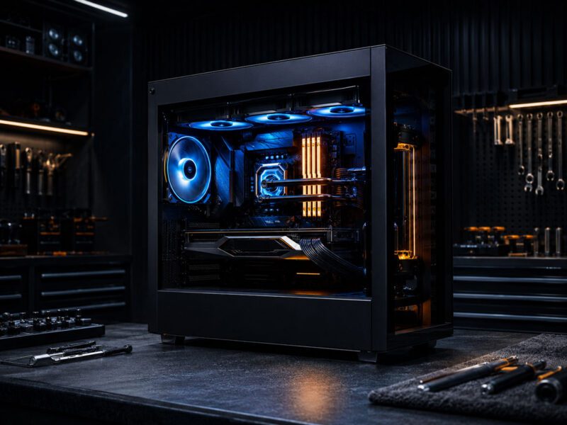 Premium gaming PC on a workshop bench in Gloucester with blue and orange lighting