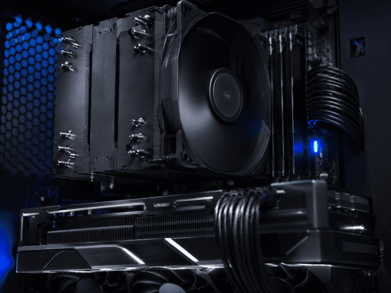 Close up of a high performance PC cooler and GPU for a custom gaming rig in Gloucester